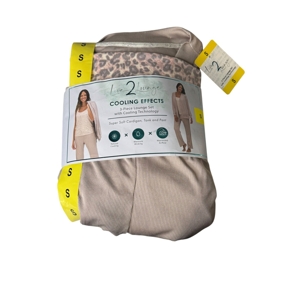 Women's Live 2 Lounge 3-Piece Pajama Set Beige Pink/Cream Size S - Picture 3 of 4